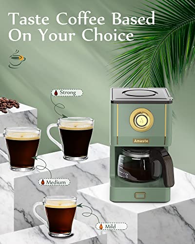 Amaste Drip Coffee Maker, Coffee Machine with 25 Oz Glass Coffee Pot, Retro Style Coffee Maker with Reusable Coffee Filter & Three Brewing Modes, 30minute-Warm-Keeping, Matcha Green