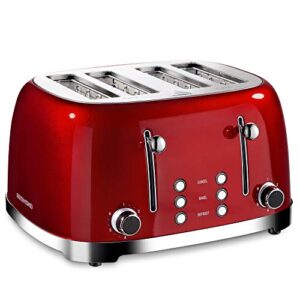 redmond 4 slice toaster retro stainless steel toasters with bagel defrost cancel function, 6 browning settings, red, st033 wt-340c