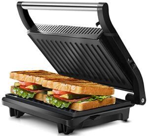panini press grill, sandwich maker with non-stick plates, opens 180 degrees for any size, indicator lights, electric indoor grill by aigostar, sliver