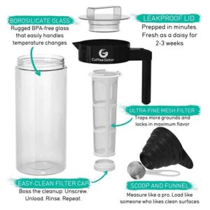 Coffee Gator Cold Brew Coffee Maker - 47 oz Iced Tea and Iced Coffee Maker and Pitcher w/Glass Carafe, Filter, Funnel & Measuring Scoop - Black