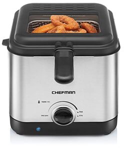 chefman fry guy, the most compact & convenient to deep fry comfort food, restaurant-style basket with a 1.6-quart capacity, easy-view window & adjustable temp control so you can cook to perfection