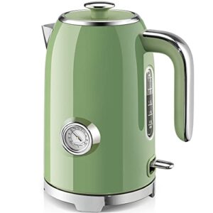 susteas electric kettle – 57oz hot tea kettle water boiler with thermometer, 1500w fast heating stainless steel tea pot, cordless with led indicator, auto shut-off & boil dry protection, retro green