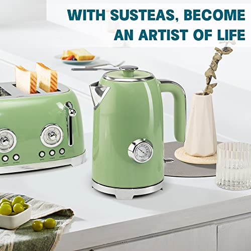 SUSTEAS Electric Kettle - 57oz Hot Tea Kettle Water Boiler with Thermometer, 1500W Fast Heating Stainless Steel Tea Pot, Cordless with LED Indicator, Auto Shut-Off & Boil Dry Protection, Retro Green