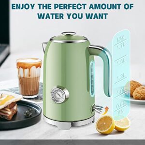 SUSTEAS Electric Kettle - 57oz Hot Tea Kettle Water Boiler with Thermometer, 1500W Fast Heating Stainless Steel Tea Pot, Cordless with LED Indicator, Auto Shut-Off & Boil Dry Protection, Retro Green