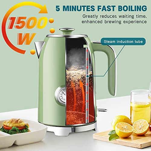 SUSTEAS Electric Kettle - 57oz Hot Tea Kettle Water Boiler with Thermometer, 1500W Fast Heating Stainless Steel Tea Pot, Cordless with LED Indicator, Auto Shut-Off & Boil Dry Protection, Retro Green