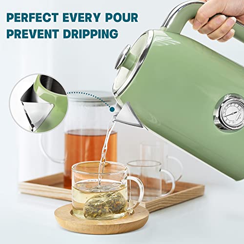 SUSTEAS Electric Kettle - 57oz Hot Tea Kettle Water Boiler with Thermometer, 1500W Fast Heating Stainless Steel Tea Pot, Cordless with LED Indicator, Auto Shut-Off & Boil Dry Protection, Retro Green