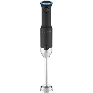 chefman cordless power portable immersion blender, ice crushing power with one-touch speed control, usb charging, quickly mixes smoothies, purees soups, dips, sauces, storage case, stainless steel