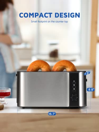 DyBaxa Stainless Steel Toaster 4 Slice, Toaster 2 Slice Long Slot, Compact 4 Slice Toaster Wide Slot for Bagel Sourdough Artisan Croissant Muffin, 6 Browning Control, Warming Rack, Removal Crumb Tray