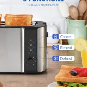 DyBaxa Stainless Steel Toaster 4 Slice, Toaster 2 Slice Long Slot, Compact 4 Slice Toaster Wide Slot for Bagel Sourdough Artisan Croissant Muffin, 6 Browning Control, Warming Rack, Removal Crumb Tray