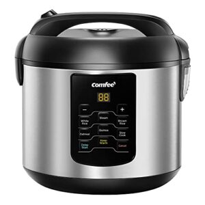 comfee’ rice cooker, 6-in-1 stainless steel multi cooker, slow cooker, steamer, saute, and warmer, 2 qt, 8 cups cooked(4 cups uncooked), brown rice, quinoa and oatmeal, 6 one-touch programs