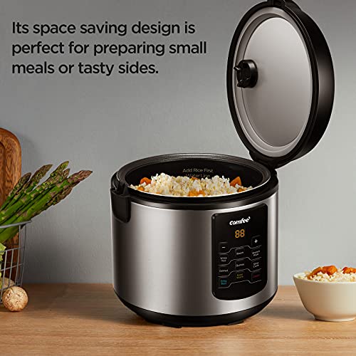 COMFEE' Rice Cooker, 6-in-1 Stainless Steel Multi Cooker, Slow Cooker, Steamer, Saute, and Warmer, 2 QT, 8 Cups Cooked(4 Cups Uncooked), Brown Rice, Quinoa and Oatmeal, 6 One-Touch Programs