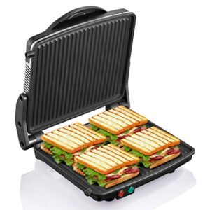panini press grill, yabano gourmet sandwich maker non-stick coated plates 11″ x 9.8″, opens 180 degrees to fit any type or size of food, stainless steel surface and removable drip tray, 4 slice
