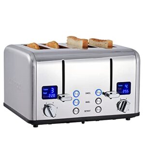 cusimax 4 slice toaster, ultra-clear led display & extra wide slots, dual control panels of 6 shade settings, cancel/bagel/defrost function, removable crumb trays, stainless steel toaster