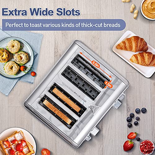 CUSIMAX 4 Slice Toaster, Ultra-Clear LED Display & Extra Wide Slots, Dual Control Panels of 6 Shade Settings, Cancel/Bagel/Defrost Function, Removable Crumb Trays, Stainless Steel Toaster