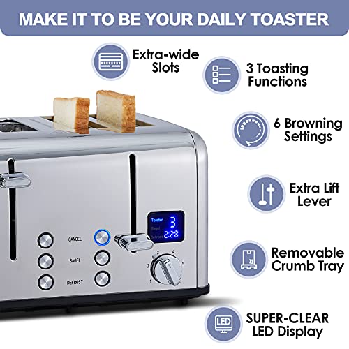 CUSIMAX 4 Slice Toaster, Ultra-Clear LED Display & Extra Wide Slots, Dual Control Panels of 6 Shade Settings, Cancel/Bagel/Defrost Function, Removable Crumb Trays, Stainless Steel Toaster