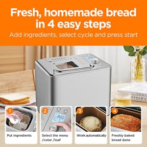 Neretva Bread Maker Machine , 20-in-1 2LB Automatic Breadmaker with Gluten Free Pizza Sourdough Setting, Digital, Programmable, 1 Hour Keep Warm, 2 Loaf Sizes, 3 Crust Colors - Receipe Booked Included (Sliver)