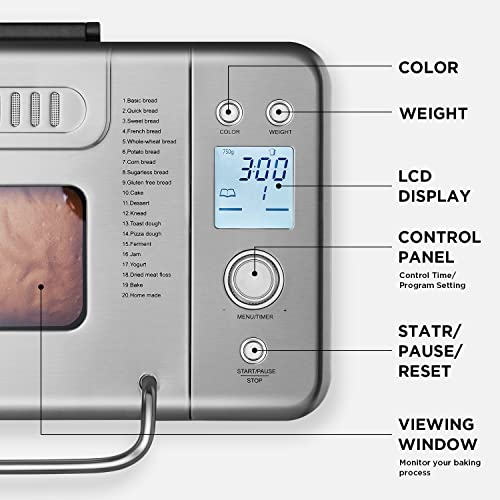 Neretva Bread Maker Machine , 20-in-1 2LB Automatic Breadmaker with Gluten Free Pizza Sourdough Setting, Digital, Programmable, 1 Hour Keep Warm, 2 Loaf Sizes, 3 Crust Colors - Receipe Booked Included (Sliver)