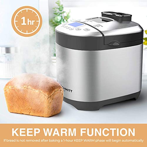 Pohl Schmitt Stainless Steel Bread Machine Bread Maker, 2LB 17-in-1, 14 Settings Incl Gluten Free & Fruit, Nut Dispenser, Nonstick Pan, 3 Loaf Sizes 3 Crust Colors, Keep Warm, and Recipes