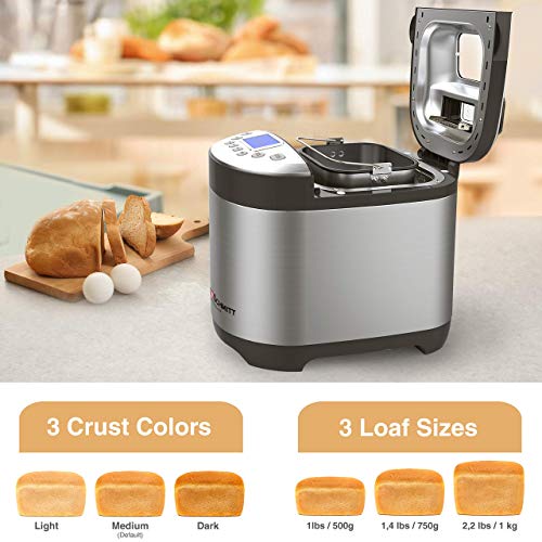 Pohl Schmitt Stainless Steel Bread Machine Bread Maker, 2LB 17-in-1, 14 Settings Incl Gluten Free & Fruit, Nut Dispenser, Nonstick Pan, 3 Loaf Sizes 3 Crust Colors, Keep Warm, and Recipes