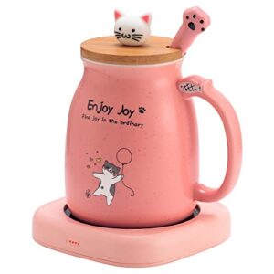 bsigo smart coffee mug warmer & cute cat mug set, beverage cup warmer for desk home office, candle warmer plate for milk tea water with two temperature setting(up to 140℉/ 60℃), 8 hour auto shut off