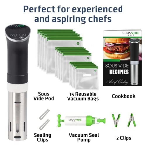 SOUSVIDE ART Precision Cooker Kit | 1000W STANDARD Sous Vide Machine Immersion Cookers Circulator | 15 Vacuum Seal Bags, Vacuum Pump, Digital Timer, & Temperature Control | All In One Sous Vide Machines