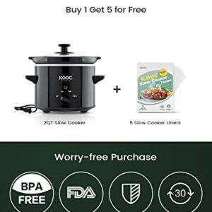 KOOC Small Slow Cooker, 2-Quart, Free Liners Included for Easy Clean-up, Upgraded Ceramic Pot, Adjustable Temp, Nutrient Loss Reduction, Stainless Steel, Black, Round…