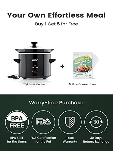 KOOC Small Slow Cooker, 2-Quart, Free Liners Included for Easy Clean-up, Upgraded Ceramic Pot, Adjustable Temp, Nutrient Loss Reduction, Stainless Steel, Black, Round…