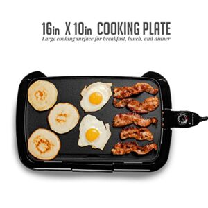 Ovente Electric Indoor Griddle 16 x 10 Inch with Easy Clean Non-Stick Plate and Removable Oil Drip Tray, 1200W Adjustable Temperature Control Perfect for Cooking Pancakes Burgers Eggs, Black GD1610B