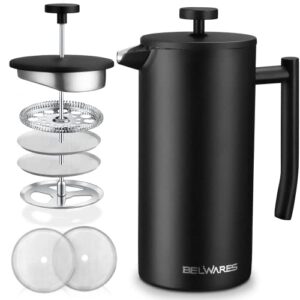 large french press coffee maker – french press stainless steel – insulated french coffee press, metal french press large – 50oz 1.5l (black)