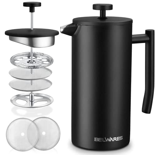 Large French Press Coffee Maker - French Press Stainless Steel - Insulated French Coffee Press, Metal French Press Large - 50oz 1.5L (Black)