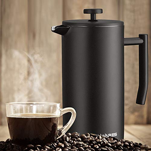 Large French Press Coffee Maker - French Press Stainless Steel - Insulated French Coffee Press, Metal French Press Large - 50oz 1.5L (Black)