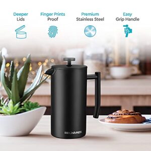 Large French Press Coffee Maker - French Press Stainless Steel - Insulated French Coffee Press, Metal French Press Large - 50oz 1.5L (Black)