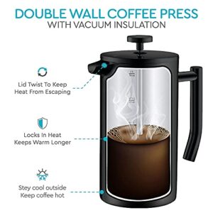 Large French Press Coffee Maker - French Press Stainless Steel - Insulated French Coffee Press, Metal French Press Large - 50oz 1.5L (Black)