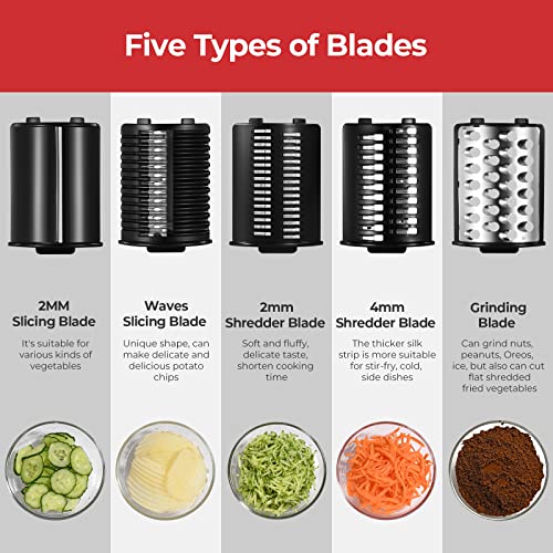 Electric Cheese Grater, 250W Professional Electric Slicer Shredder, Electric Salad Machine for Fruits, Vegetables, Cheeses, Salad Maker with 5 Free Attachments, Upgraded in 2023