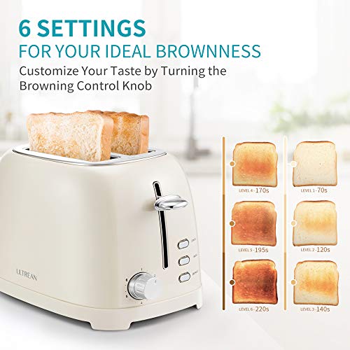 Ultrean Toaster 2 Slice with Extra-Wide Slot for Toasting Bagels, Breads, Waffles & More, Stainless Steel Material with Removable Crumb Tray, 6 Browning Settings