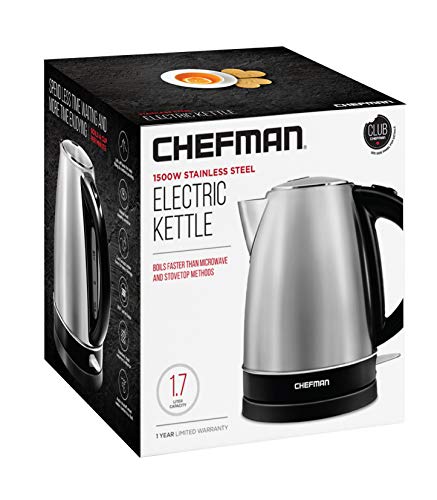 Chefman Stainless Steel Electric Kettle Quickly Heats Water, Separates from Base for Cordless Pouring, Auto Shut Off Boil Dry Protection, BPA-Free Interior & Cool-Touch Handle, 1.7 Liter/1.8 Quart