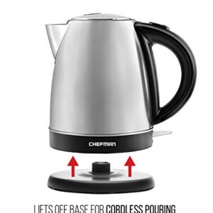 Chefman Stainless Steel Electric Kettle Quickly Heats Water, Separates from Base for Cordless Pouring, Auto Shut Off Boil Dry Protection, BPA-Free Interior & Cool-Touch Handle, 1.7 Liter/1.8 Quart