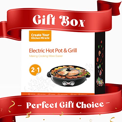 Hot Pot with Grill, 2000W 2 in 1 Electric Hot Pot Grill Cooker with Dual Temperature Control for 1-8 People, Multi-function Smokeless Shabu Korean BBQ Grill for Simmer, Boil, Fry, Roast (Black)