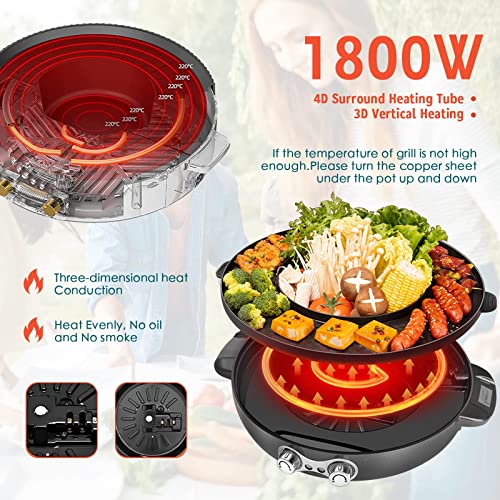 Hot Pot with Grill, 2000W 2 in 1 Electric Hot Pot Grill Cooker with Dual Temperature Control for 1-8 People, Multi-function Smokeless Shabu Korean BBQ Grill for Simmer, Boil, Fry, Roast (Black)