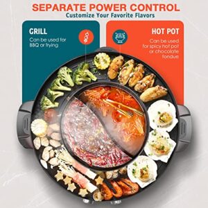 Hot Pot with Grill, 2000W 2 in 1 Electric Hot Pot Grill Cooker with Dual Temperature Control for 1-8 People, Multi-function Smokeless Shabu Korean BBQ Grill for Simmer, Boil, Fry, Roast (Black)