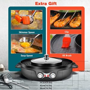 Hot Pot with Grill, 2000W 2 in 1 Electric Hot Pot Grill Cooker with Dual Temperature Control for 1-8 People, Multi-function Smokeless Shabu Korean BBQ Grill for Simmer, Boil, Fry, Roast (Black)