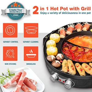 Hot Pot with Grill, 2000W 2 in 1 Electric Hot Pot Grill Cooker with Dual Temperature Control for 1-8 People, Multi-function Smokeless Shabu Korean BBQ Grill for Simmer, Boil, Fry, Roast (Black)