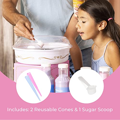 Nostalgia Cotton Candy Machine - Retro Cotton Candy Machine for Kids with 2 Reusable Cones, 1 Sugar Scoop, and 1 Extractor Head – Pink