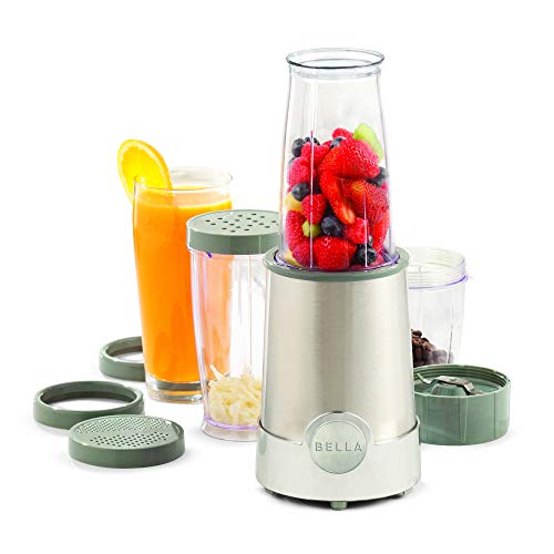 BELLA Personal Size Rocket Blender, Perfect for Smoothies, Shakes & Healthy Drinks, Easy Grinding, Chopping & Food Prep, 285 Watt Power Base, 12 Piece Blending Set, Stainless Steel