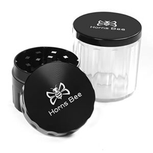 horns bee herb grinder containers – multipurpose metal spice mill with stash jar, all-in-one air tight sealable containers, 2.2” sharpstone grinder, with accessories and carrying pouch