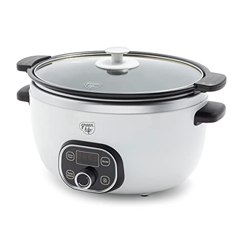 GreenLife Cook Duo Healthy Ceramic Nonstick 6QT Slow Cooker, PFAS-Free, Digital Timer, Dishwasher Safe Parts, White