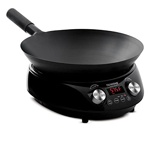 Nuwave Mosaic Induction Wok, Precise Temp Controls from 100°F to 575°F in 5°F, Wok Hei, Infuse Complex Charred Aroma & Flavor, 3 Wattages 900, 1500 & 1800, Authentic 14-inch Carbon Steel Wok Included