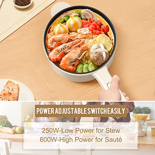 Dezin Electric Hot Pot, 1.8L Non-Stick Sauté Pan, Rapid Noodles Cooker, Mini Pot for Steak, Egg, Fried Rice, Ramen, Oatmeal, Soup with Power Adjustment, College Dorm Room Essential(Egg Rack Included)