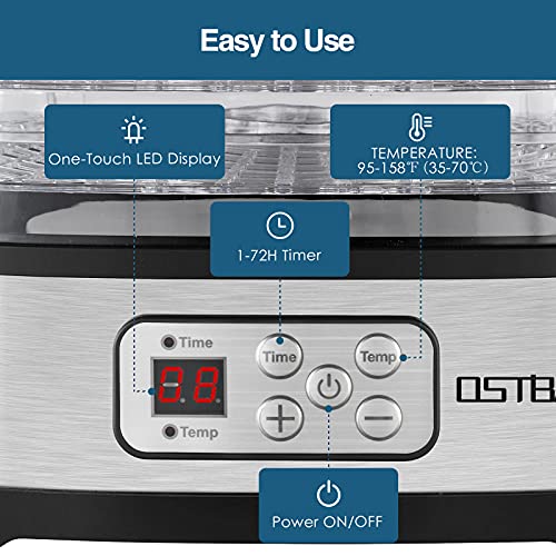 OSTBA Food Dehydrator Machine Adjustable Temperature & 72H Timer, 5-Tray Dehydrators for Food and Jerky, Fruit, Dog Treats, Herbs, Snacks, LED Display, 240W Electric Food Dryer, Recipe Book