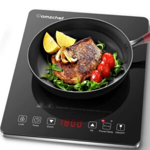 portable induction cooktop amzchef induction burner cooker with ultra thin body, low noise hot plate with 1800w sensor touch single electric cooktops countertop stove with 8 temperature & power levels, 3-hour timer, safety lock